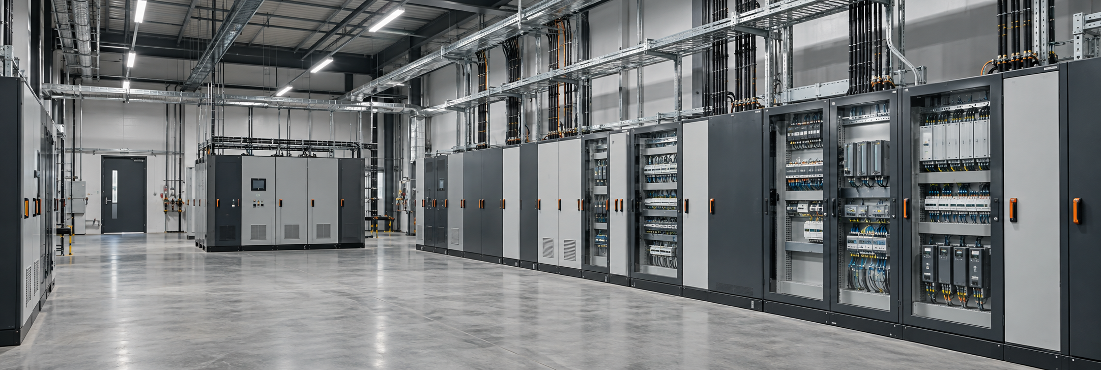 Illustration of a modern electrical room with control cabinets and overhead cable trays